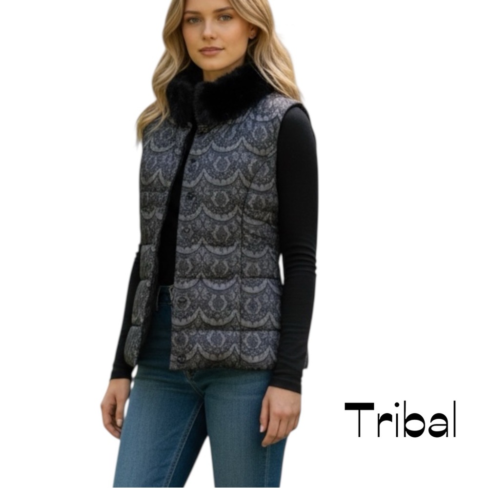 Tribal Black & Gray Lace Print Faux Fur Puffer Vest NWOT Size L